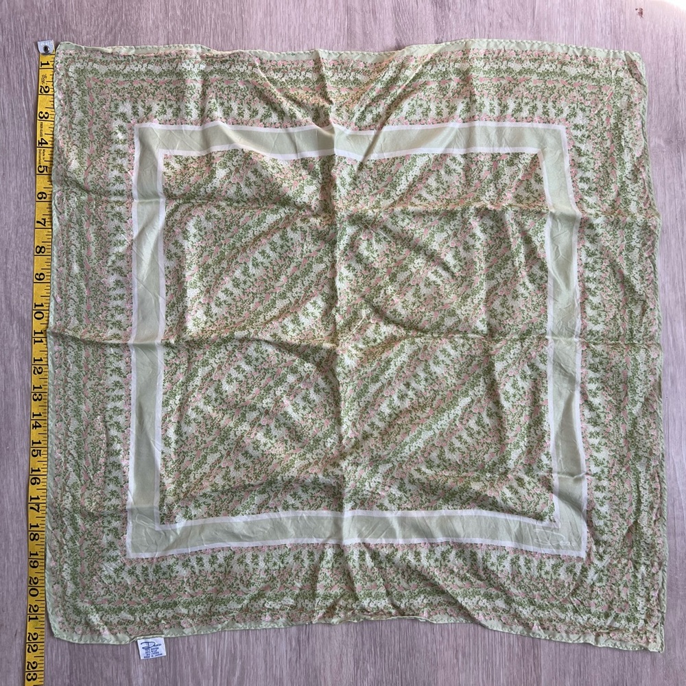 Delicate Floral Square Scarf in Soft Green and Pink Japan Silk blend
